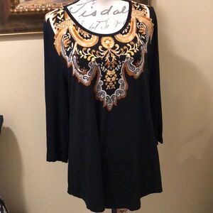 JM Collection Classic pattern bohemian scoop neck long sleeve stretchy top